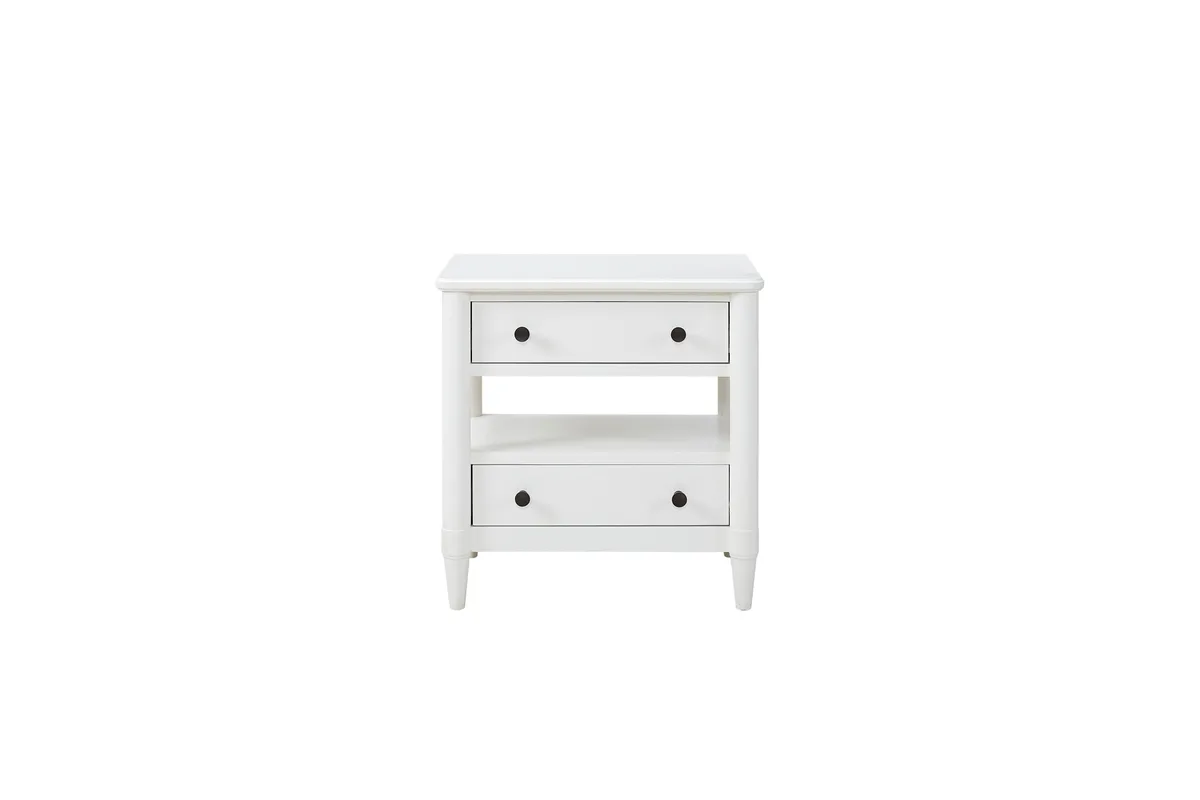White wooden nightstand with two drawers and open lower shelf