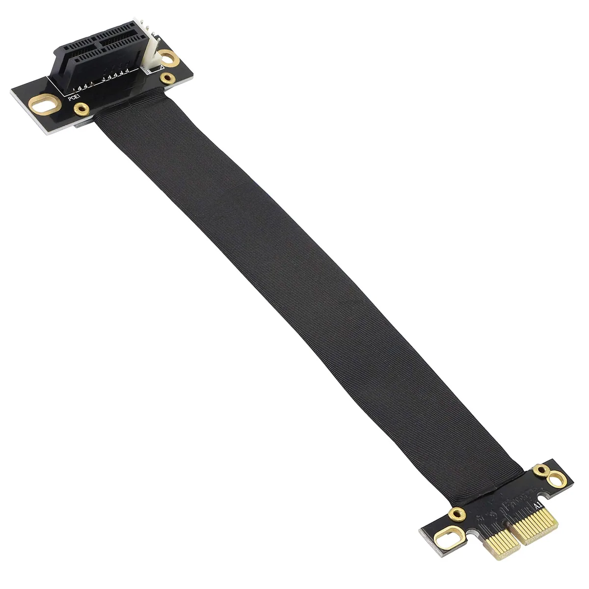 Black PCIe 3.0 x1 riser cable, 18 cm, 90-degree male-to-female connectors, flexible shielded design
