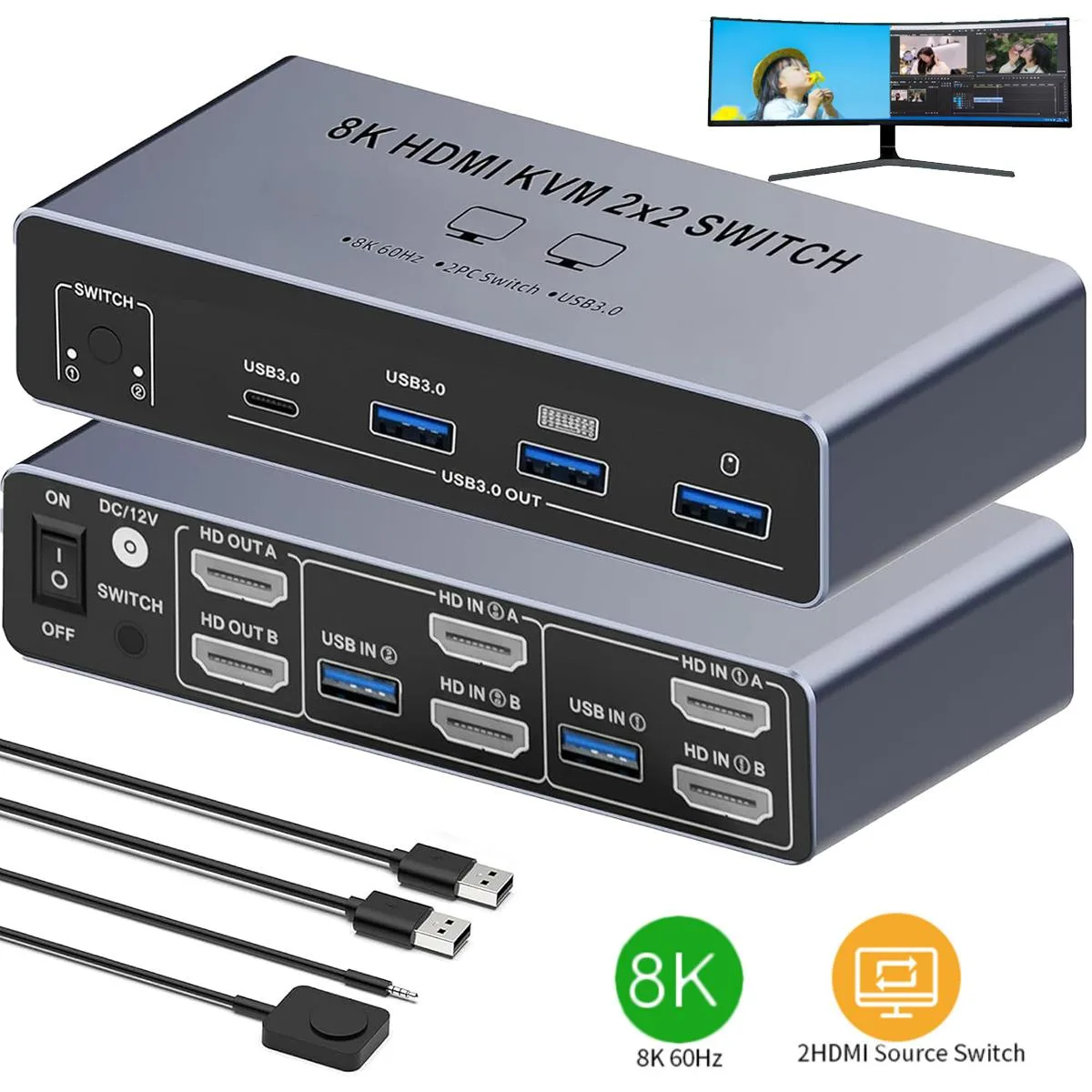 AUTYUE AUTYUE HDMI KVM Switch 2 Monitors 2 Computers 8K@60Hz 4K@120Hz USB 3.0 — product photo