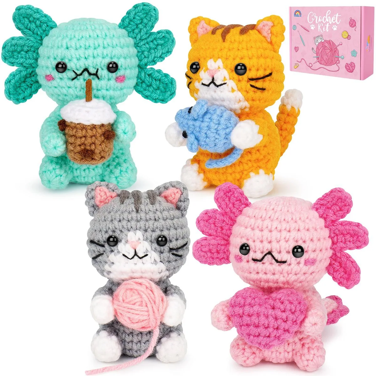 Royal blue crochet kit box with yarn, hook, and animal patterns