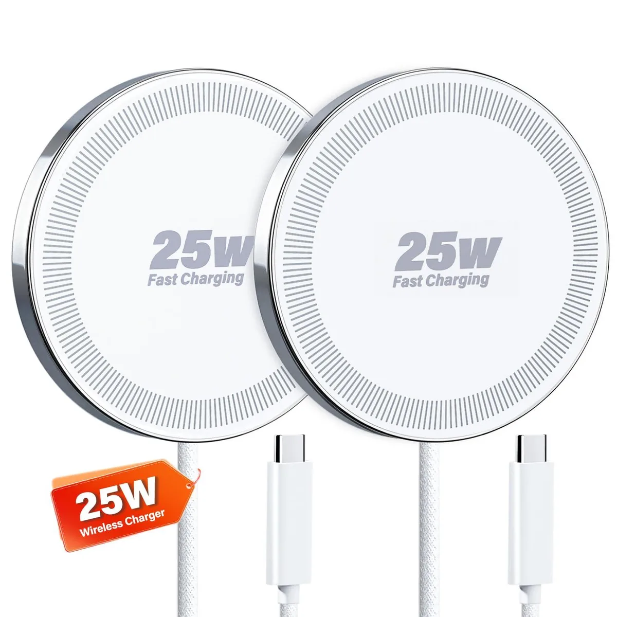 Two slim white magnetic wireless charging pads side by side