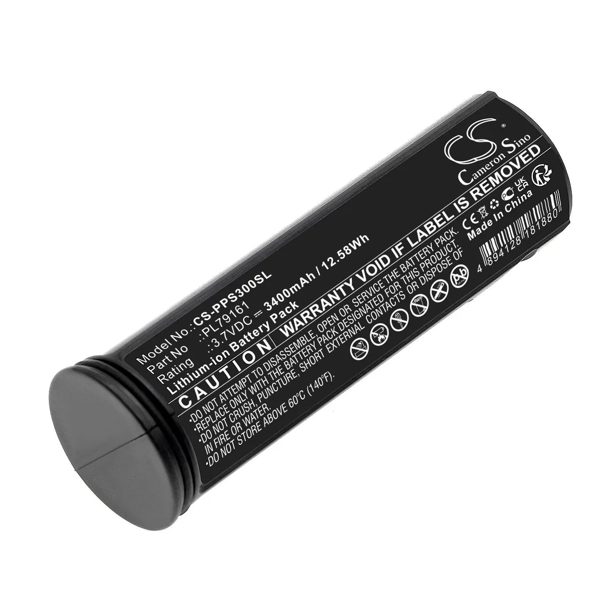 Rectangular lithium-ion battery pack with matte dark casing and labelled contacts