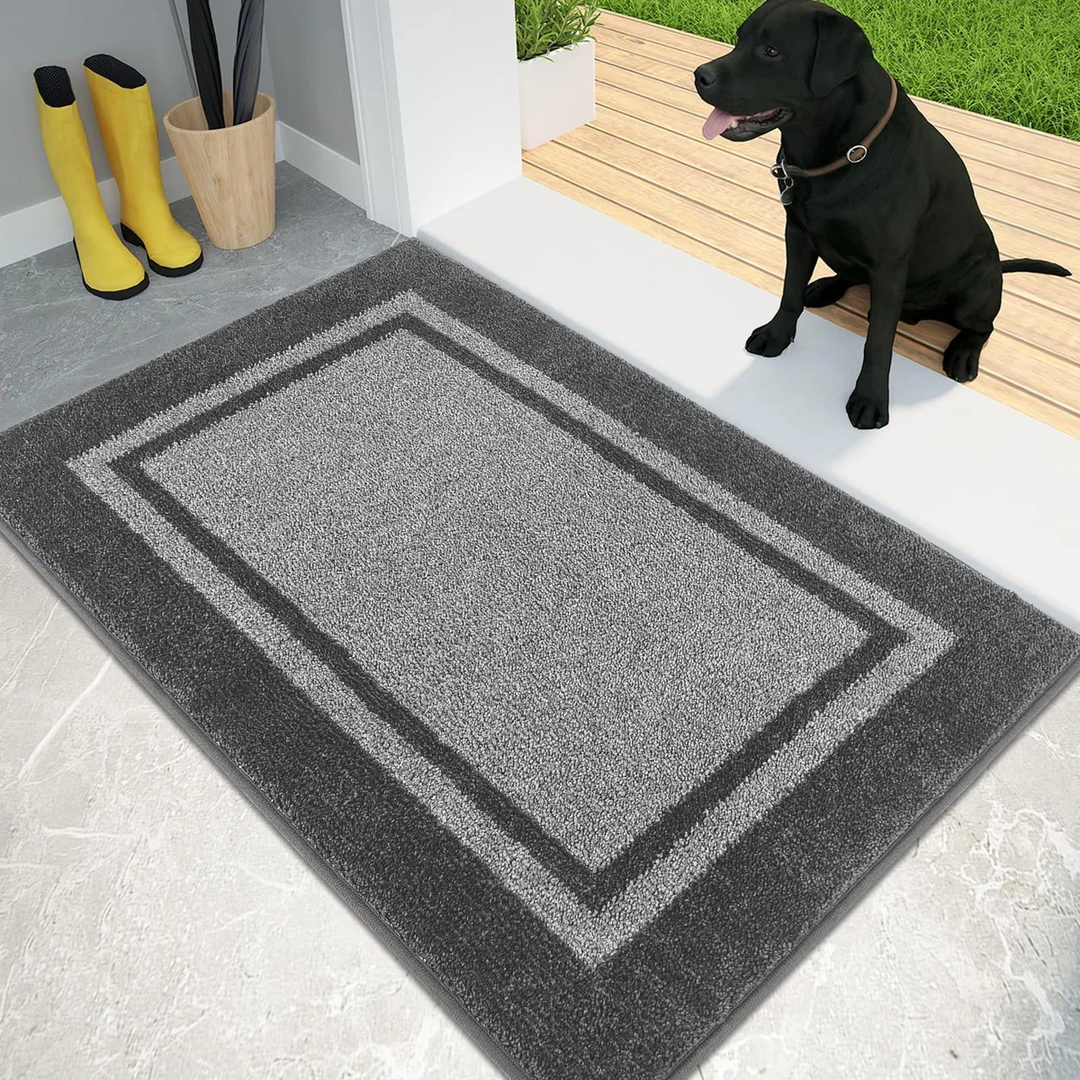 Rectangular door mat light grey dark grey geometric pattern low profile non-slip backing