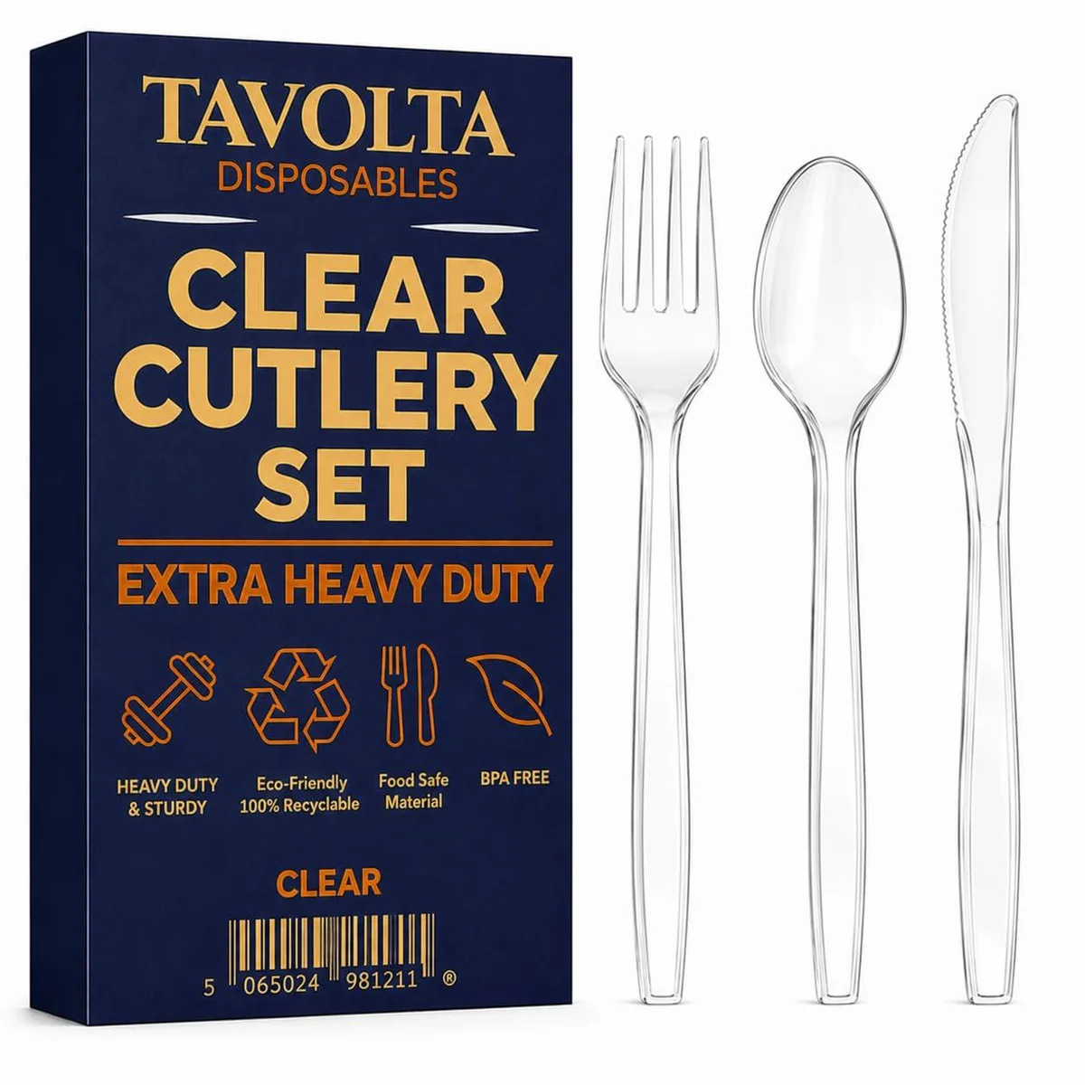 A clear 24-piece disposable cutlery set with forks, spoons and knives in a rectangular pack