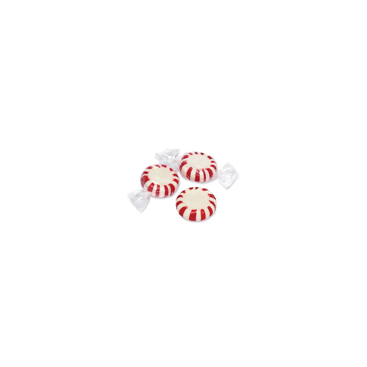 Red and white striped peppermint candies individually wrapped in clear cellophane inside a one pound bag