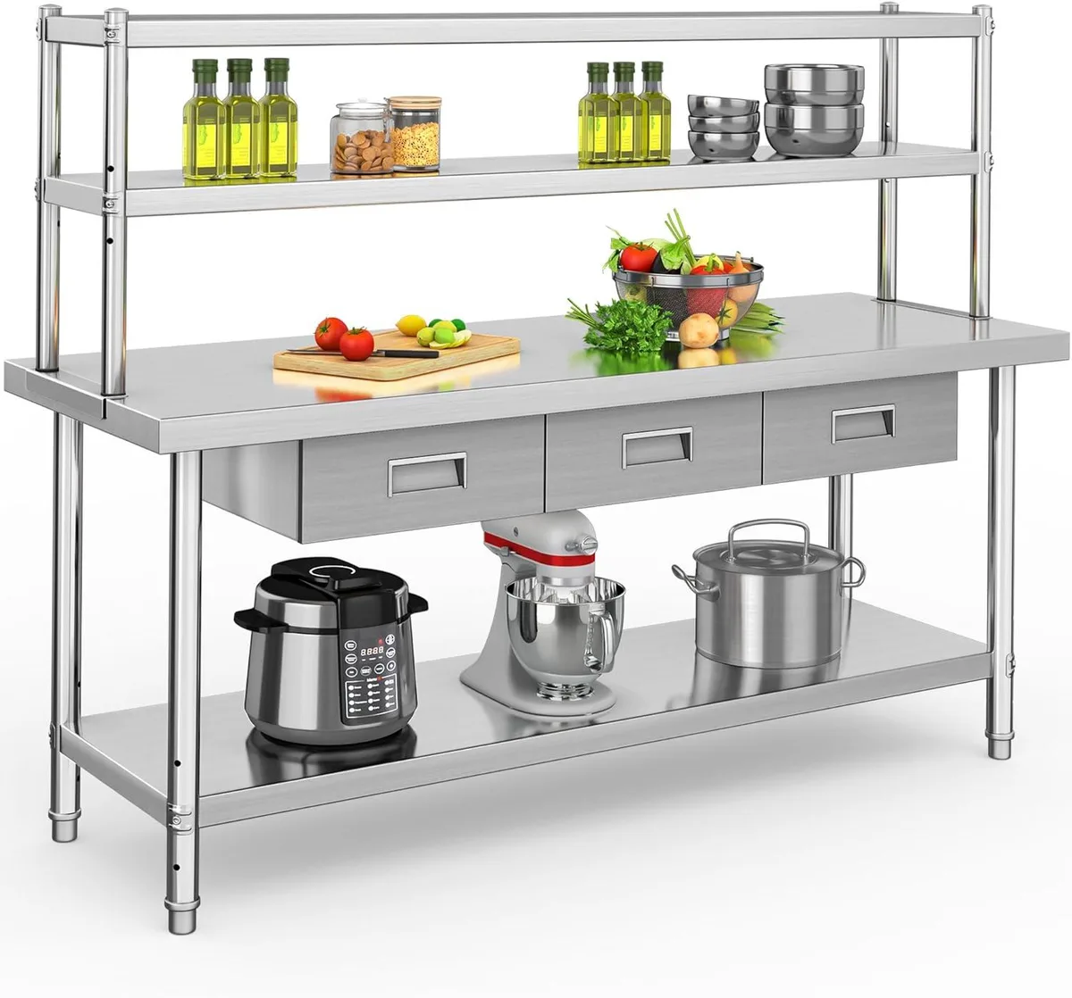 WUQ WUQ Stainless Steel Work Table 72" x 24" with 12" Shelf &amp; 3 Drawers — product photo