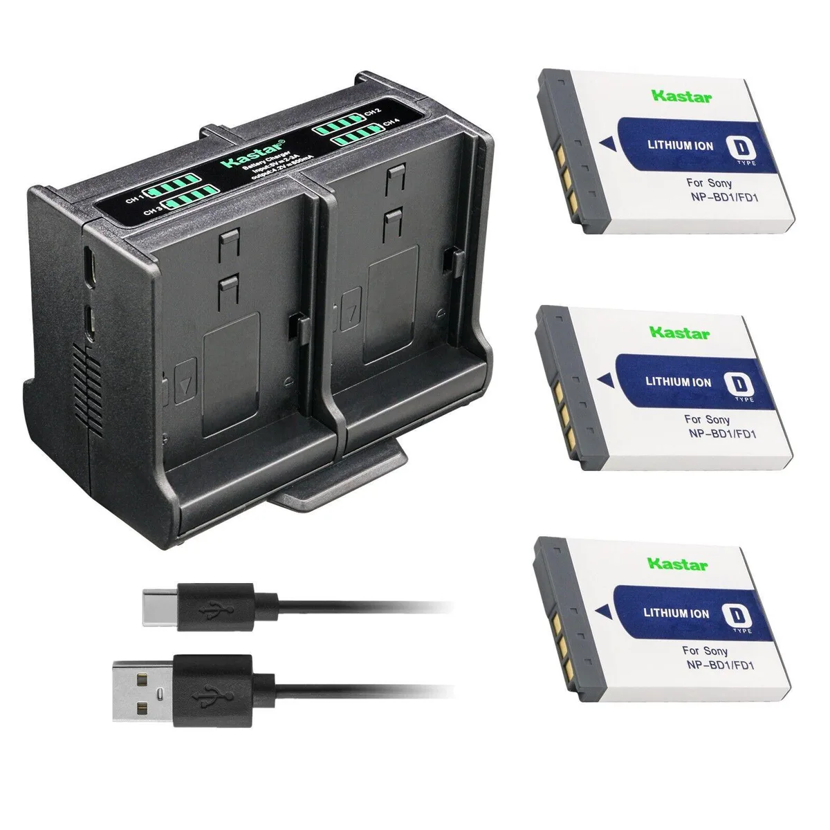 Kastar Kastar NP-BD1 NP-FD1 3-Pack Battery &amp; Quadruple Charger D Type BC-CSD BC-CS3 — product photo