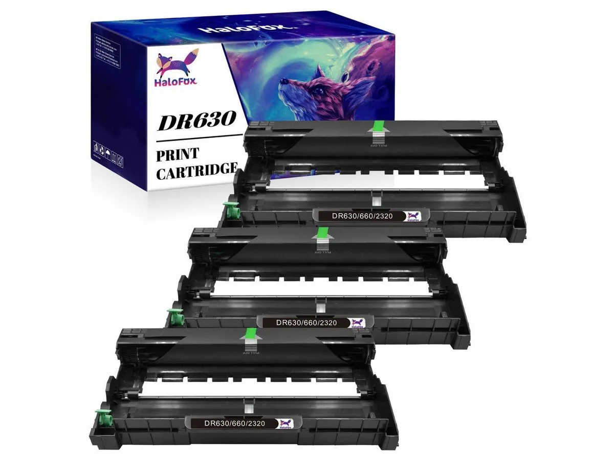 Three green drum units in sealed packaging