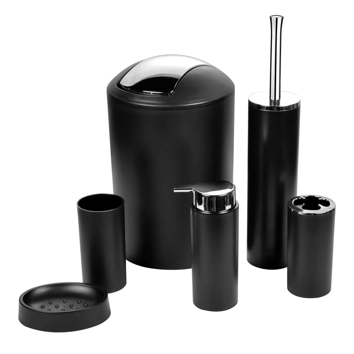 Black plastic six-piece bathroom accessory set with trash can, toothbrush holder, cup, soap dispenser, soap dish, toilet brush holder