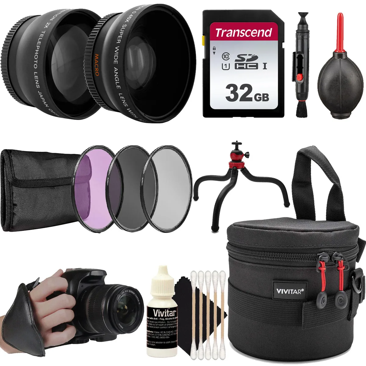 Vivitar Vivitar 43mm Accessory Bundle with 0.43x Wide Angle, 2.2x Telephoto, 12" Tripod, 32GB Card, Filter Kit — product photo