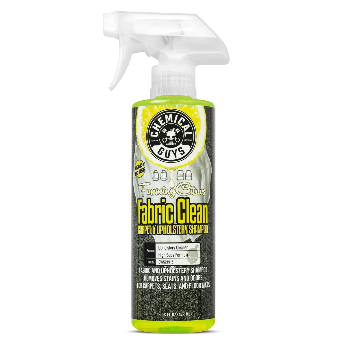 White 16 oz spray bottle with citrus-scented foaming fabric cleaner