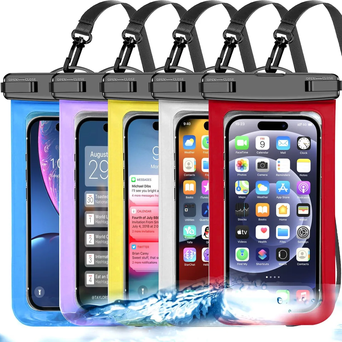  Famoby Waterproof Phone Pouch 5 Pack Multicolor IP68 8.3 White Blue Red Purple Yellow — product photo