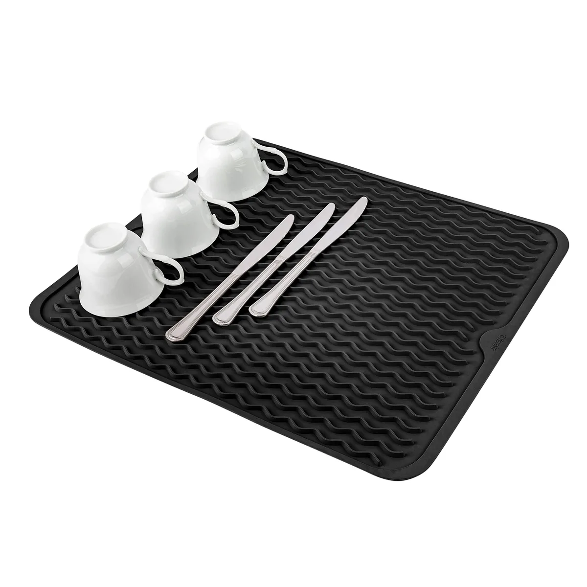 Black silicone dish drying mat 16 by 20 inches with raised wavy ridges and drain hole