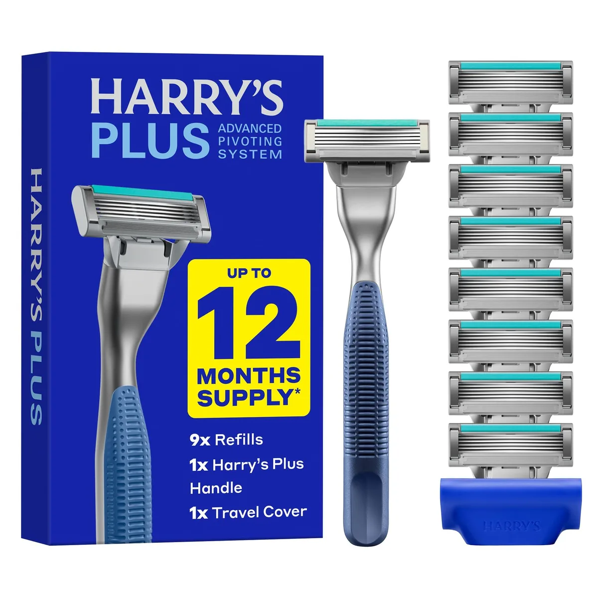 Black metal razor handle with rubber grip and nine five-blade cartridges