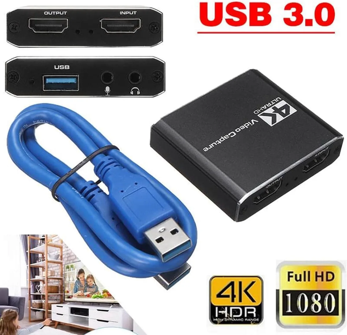 Vszerda Vszerda 4K 60fps HDMI Capture Card with 1080p 60fps Loop-Out, 3.5mm Mic &amp; Audio, USB 2.0/3.0 — product photo