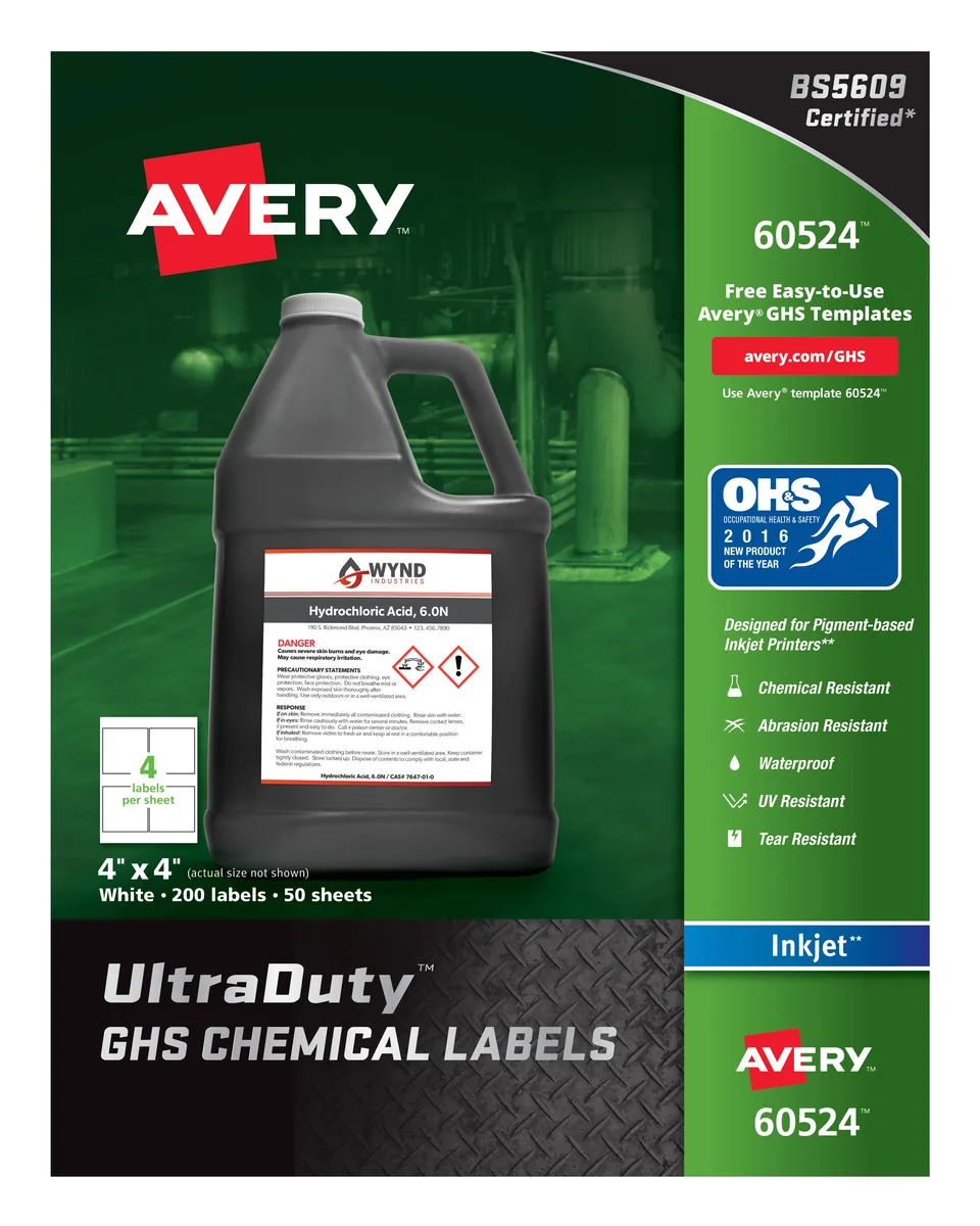 Avery Avery 60524 UltraDuty GHS Chemical Labels 4 x 4 200pk — product photo