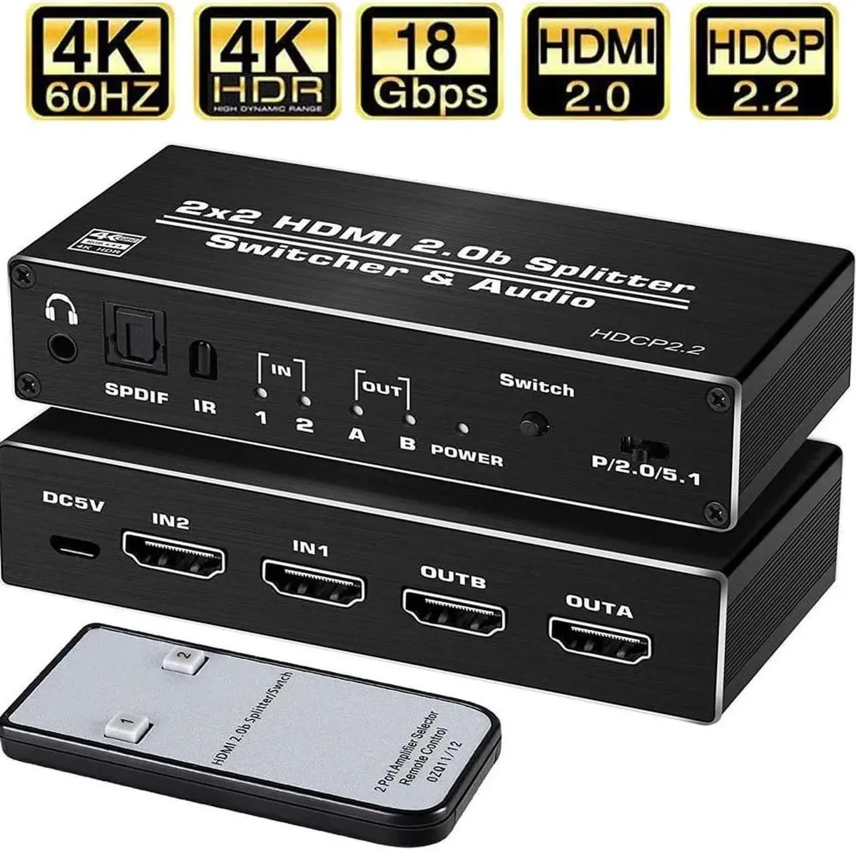 Vszerda Vszerda 2x2 HDMI Switch Splitter Audio Extractor Optical SPDIF 3.5mm AUX 4K@60Hz HDCP 2.2 — product photo