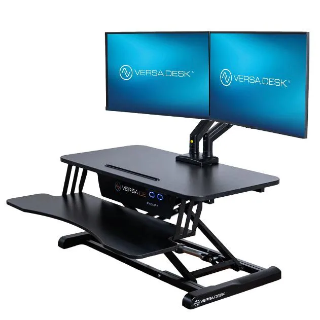 Black 40-inch electric standing desk converter with keyboard tray and device stand