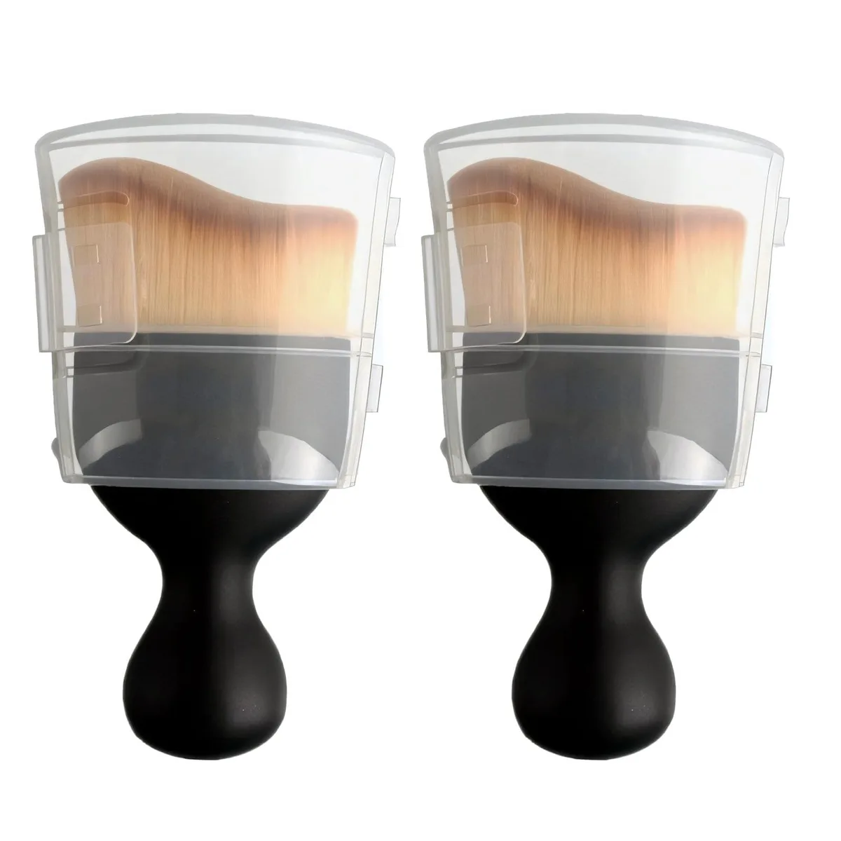 Two brown car interior brushes with protective covers, 13 cm tall