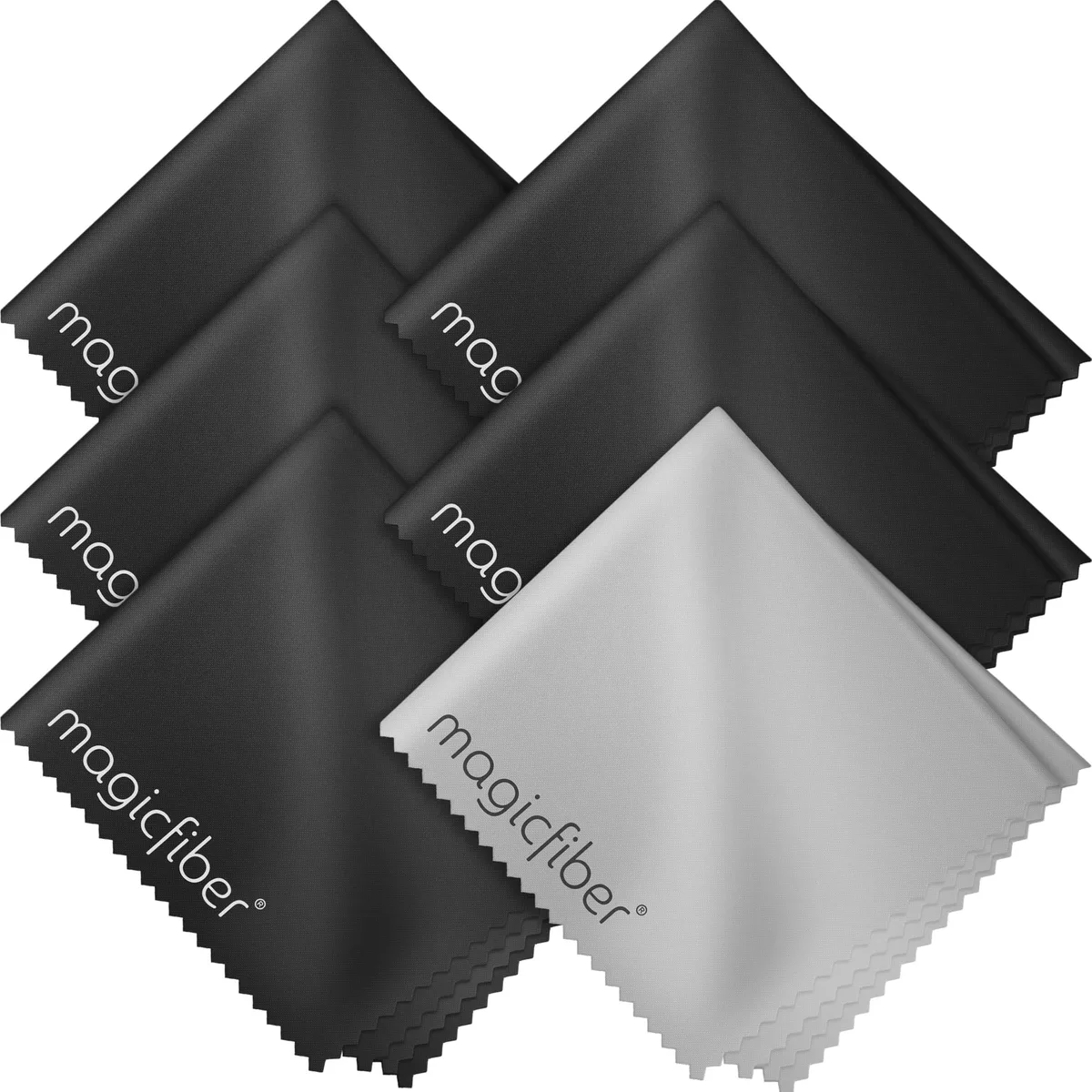 Six black microfiber cloths stacked, each 6.5 by 3.4 inches, smooth matte finish
