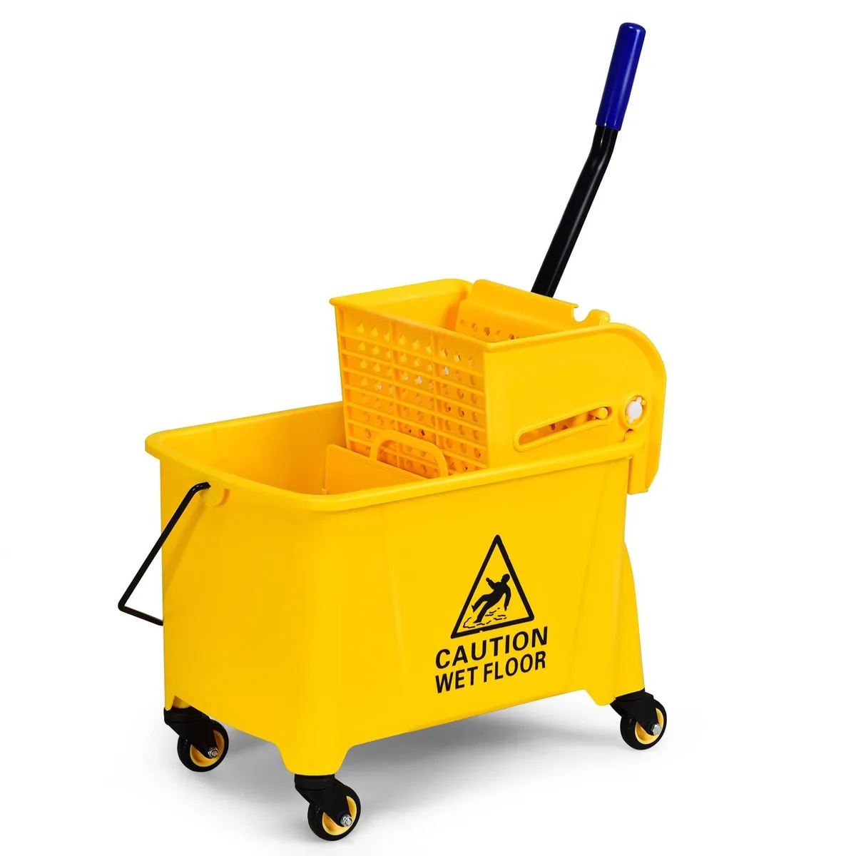 Yellow 21 quart mop bucket with side press wringer and four wheels