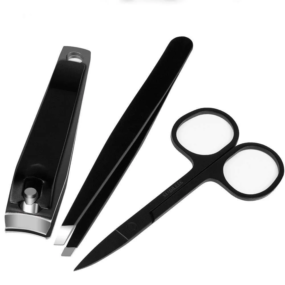 Three stainless steel grooming tools in black finish