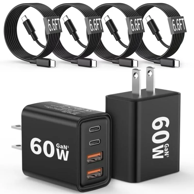 Two compact white wall chargers each with two USB-C and two USB-A ports plus matching 6.6ft cables