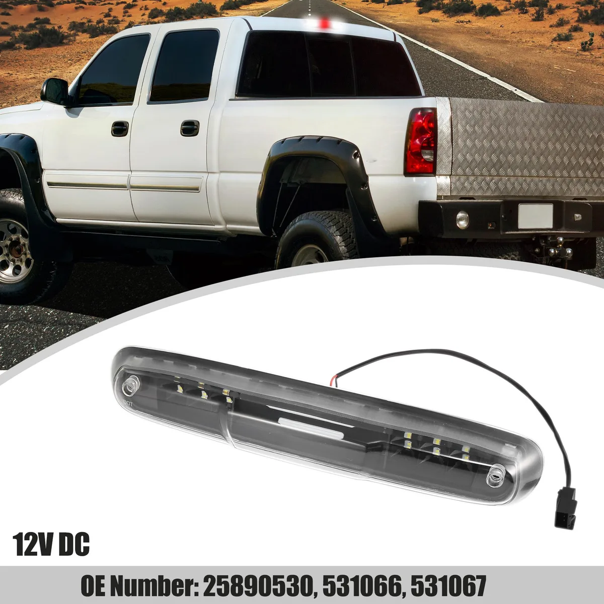 Black ABS housing with clear lens, rectangular third brake light for Silverado and Sierra