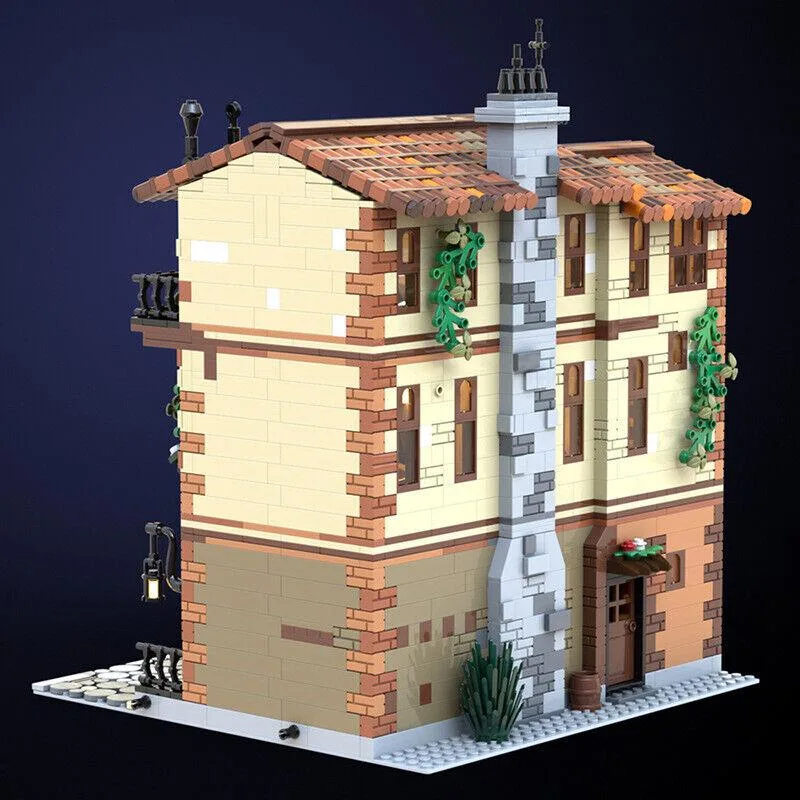 Colourful plastic medieval modular building set with balcony dining room and kitchen