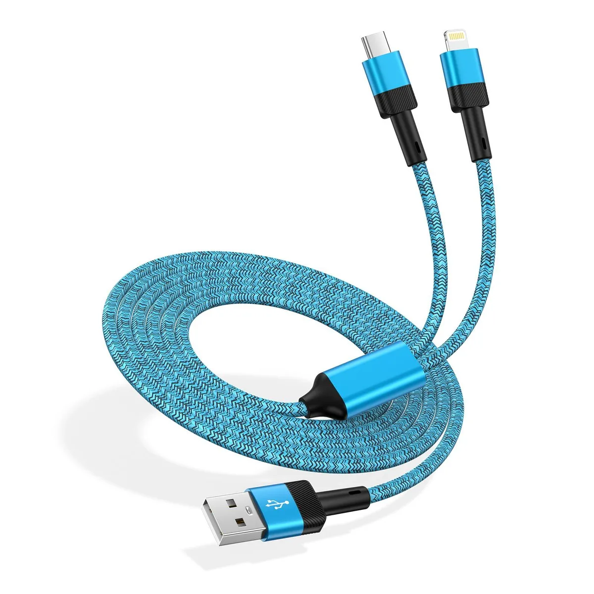 Orange 2-in-1 USB-C and Lightning charging cable with USB-C plug, three-foot length