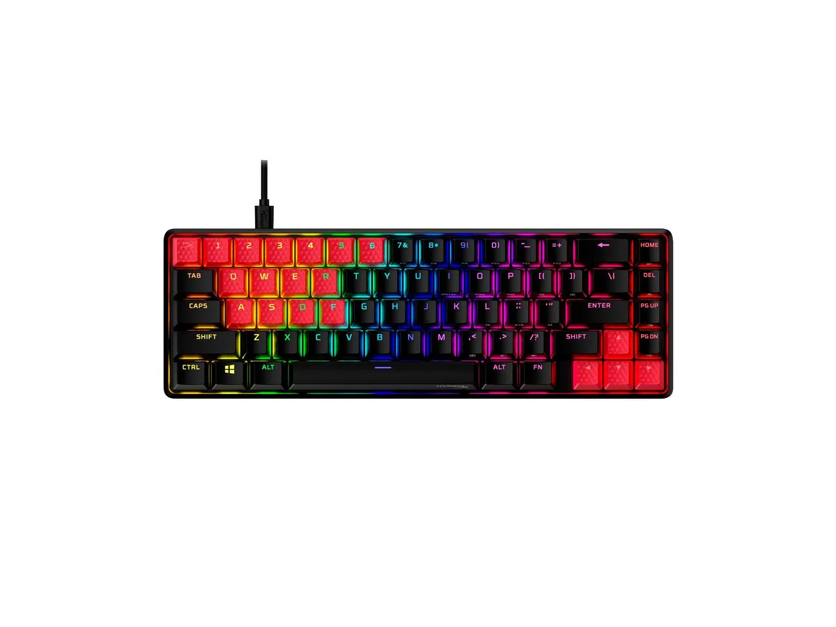 Red rubber gaming keycaps in US layout arrangement