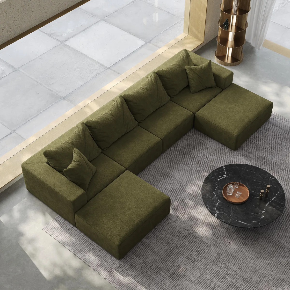 Green chenille L-shaped modular sectional sofa with six pillows