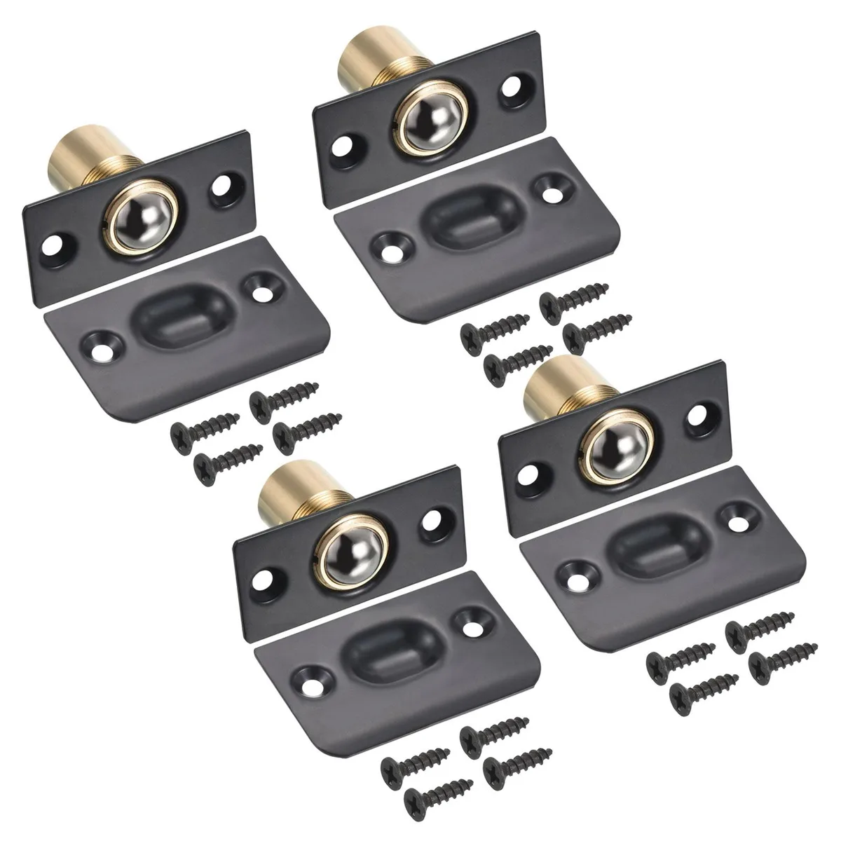Four black metal ball catches with strike plates and screws