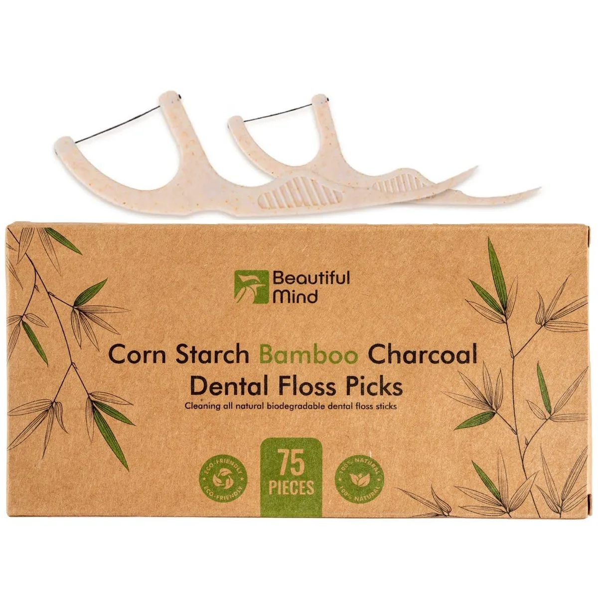 Kraft box holding 75 bamboo-charcoal floss picks with cornstarch handles