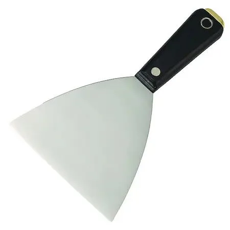 Kraft Tool DW533 taping knife, 6 inch flexible carbon steel blade, black and gold finish, hammer head end, hang hole, tapered handle