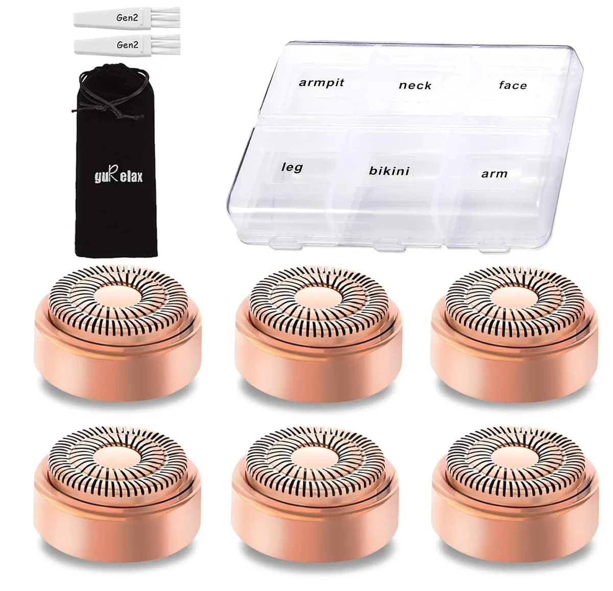 Six gold replacement heads and two brushes in a compartment storage box