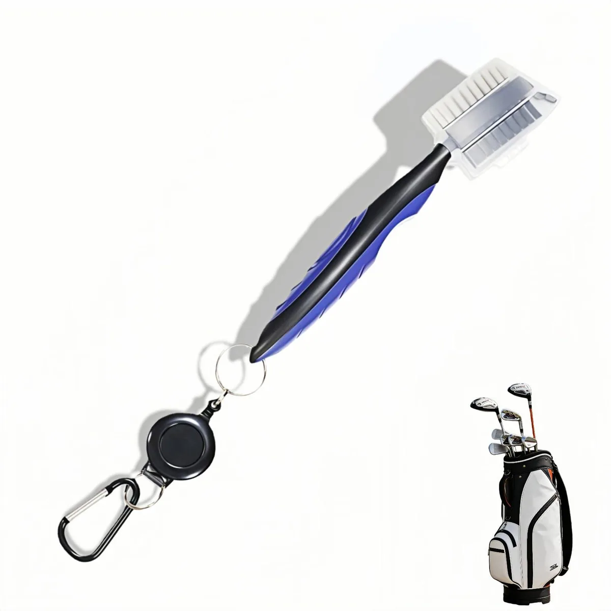 Blue dual-sided golf club brush with retractable zip-line and carabiner