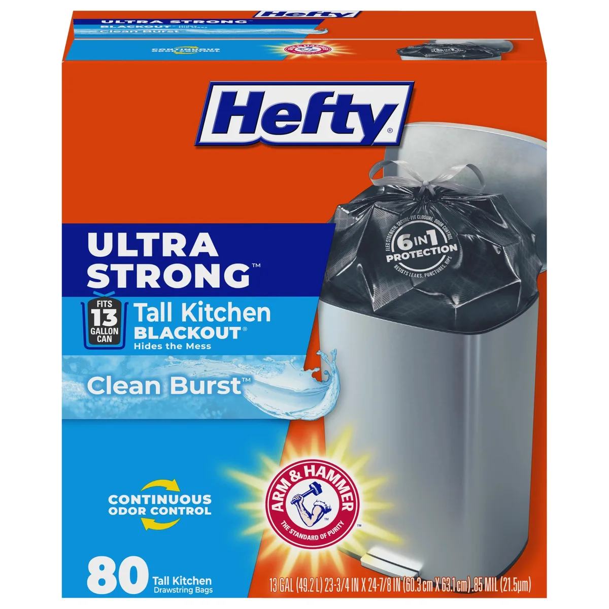 Box of 80 black 13 gallon trash bags with drawstring closure