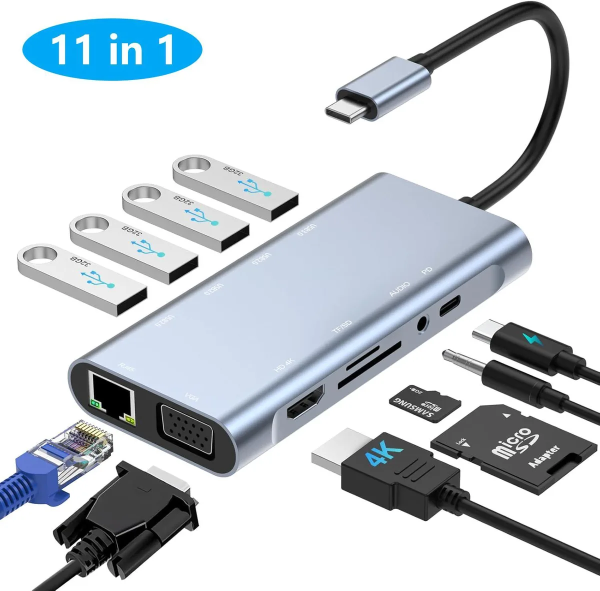 WRIARICH WRIARICH 11-in-1 USB-C Hub Gray 100W PD 4K HDMI VGA Ethernet USB 3.0 3×USB 2.0 SD/TF 3.5mm Aux — product photo