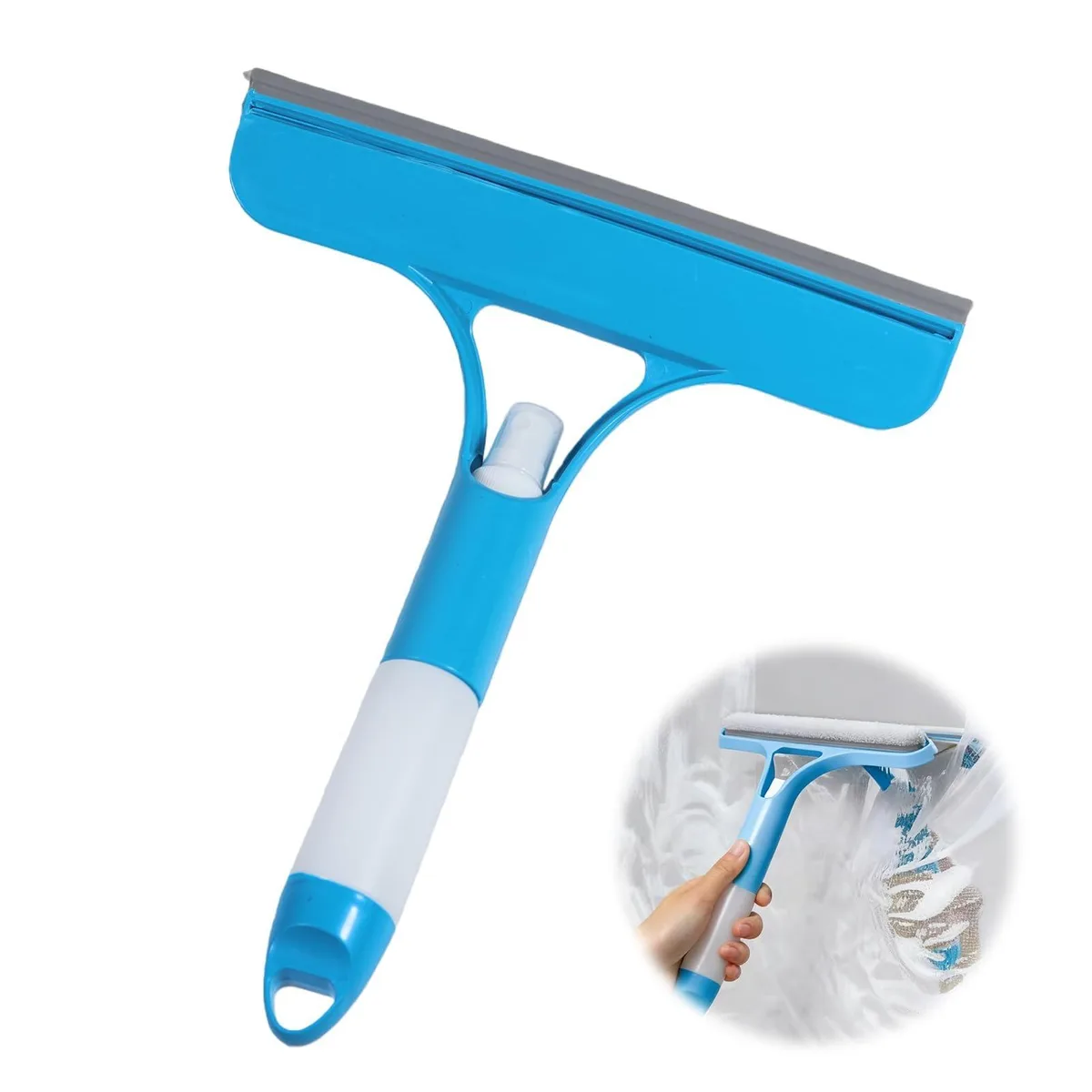 Blue 3-in-1 window squeegee with built-in spray bottle and rubber blade