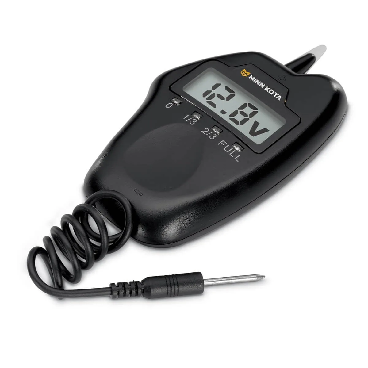 Compact rectangular 12-volt digital battery meter with LED display and touch leads