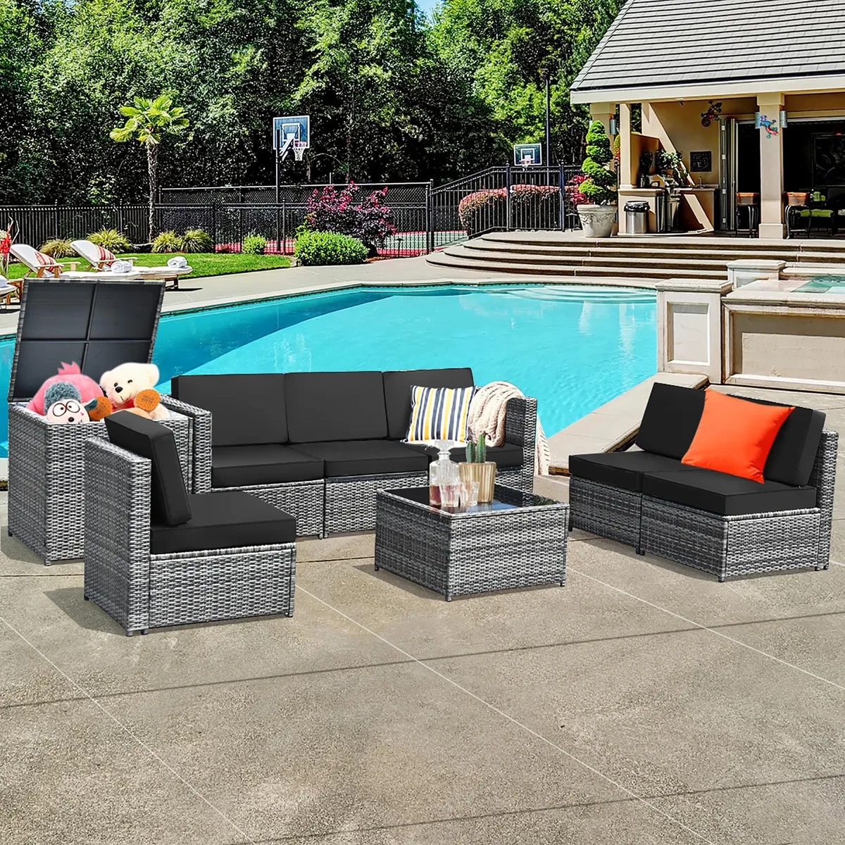 Black PE rattan 8-piece sectional with steel frame, storage box, coffee table and cushions