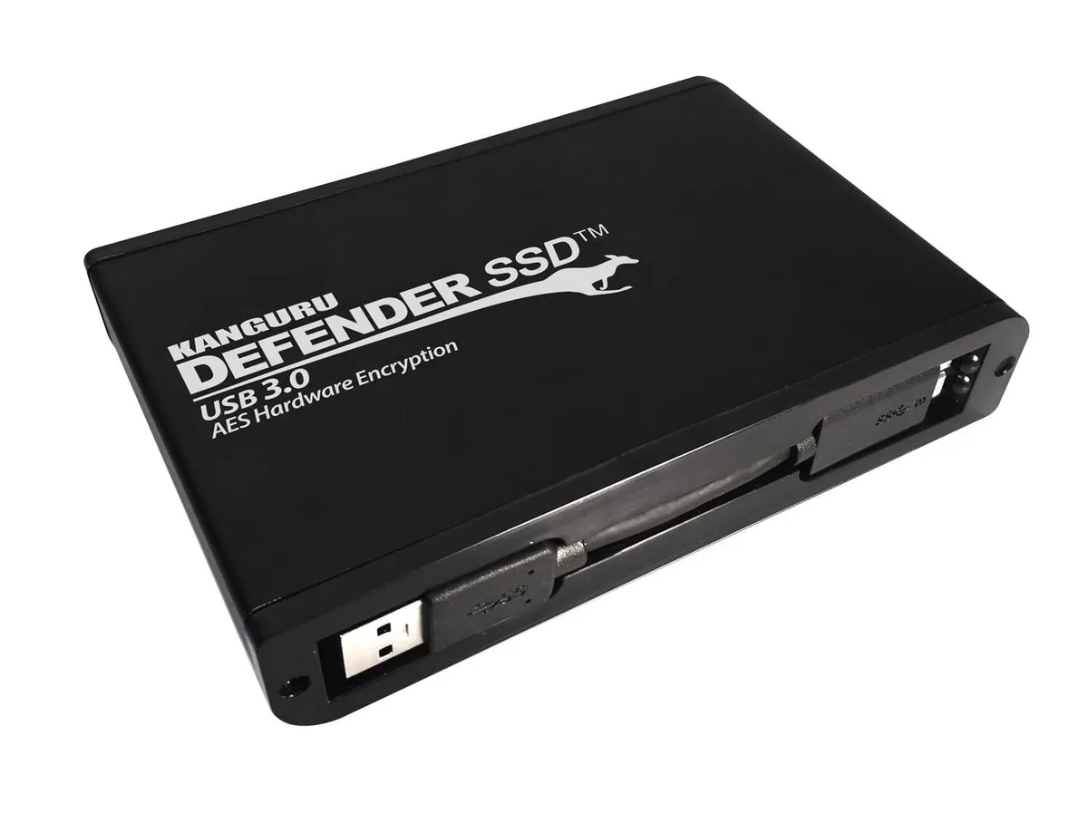 Rectangular black portable SSD with blue label and USB 3.0 connector
