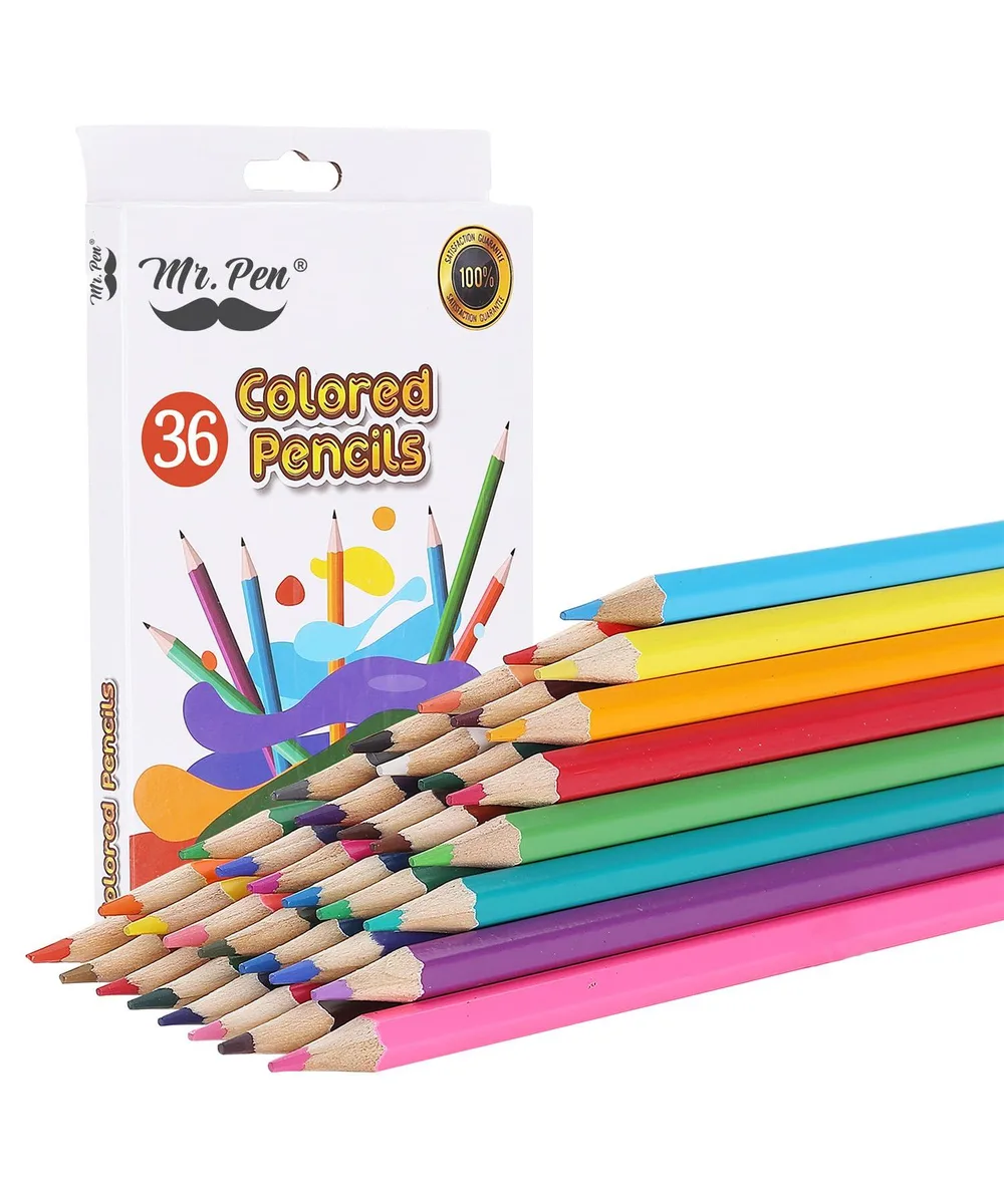 Cardboard box holding 36 blue pre-sharpened hexagonal pencils