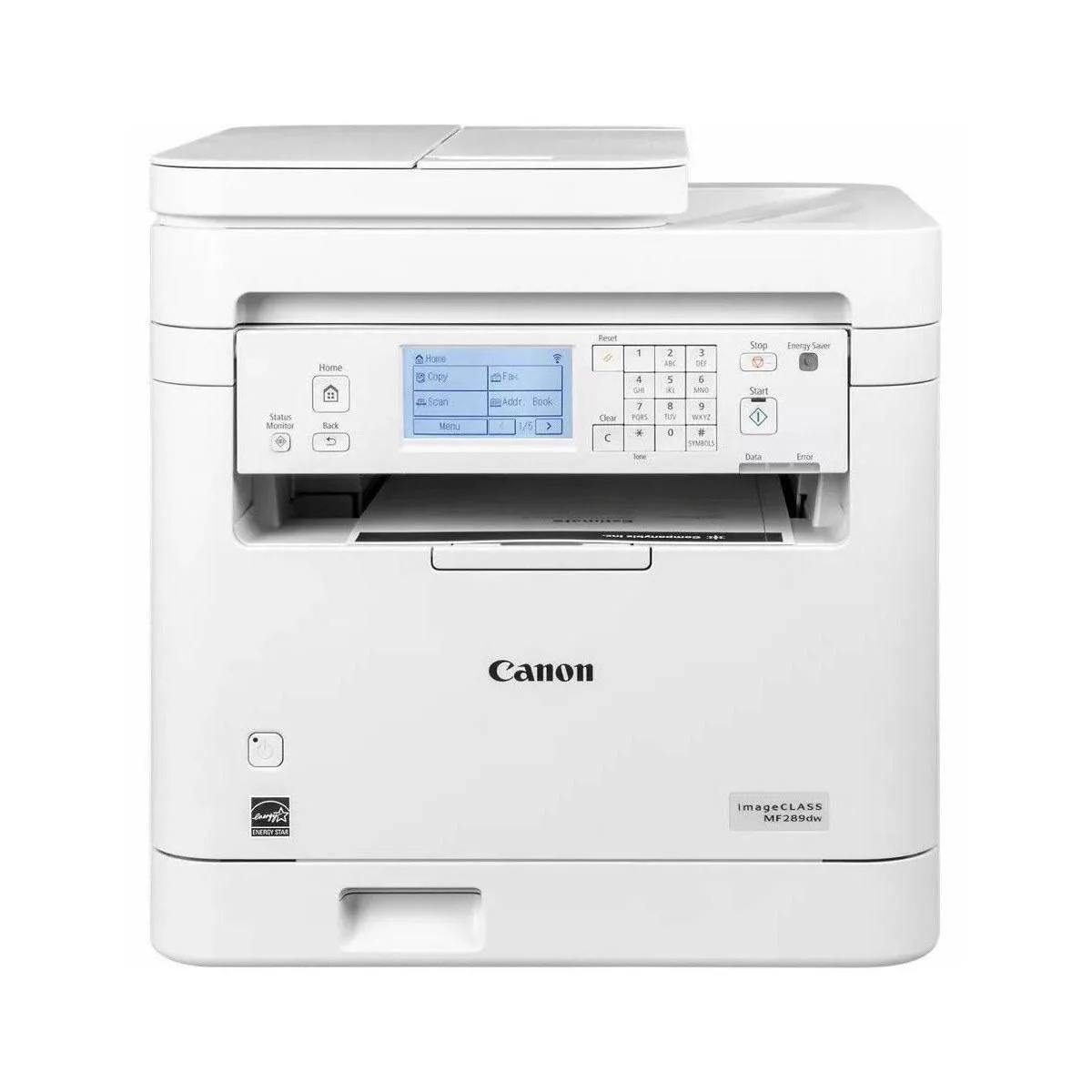White rectangular all-in-one laser printer with flatbed scanner and automatic document feeder