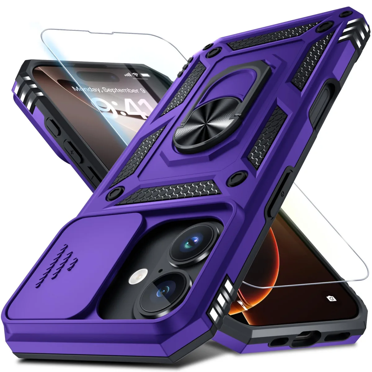  Janmitta iPhone 16 Case Purple with Slide Camera Cover, 360° Ring Kickstand, Tempered Glass — product photo