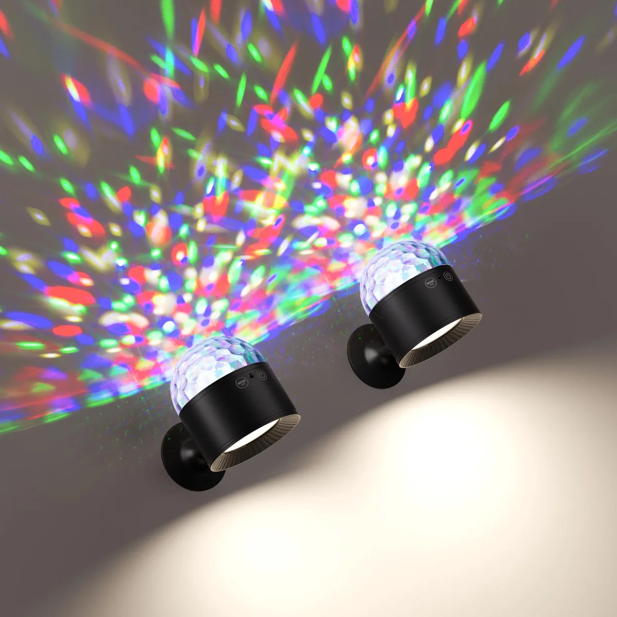 Two black plastic wall lights with magnetic bases and dual LED heads