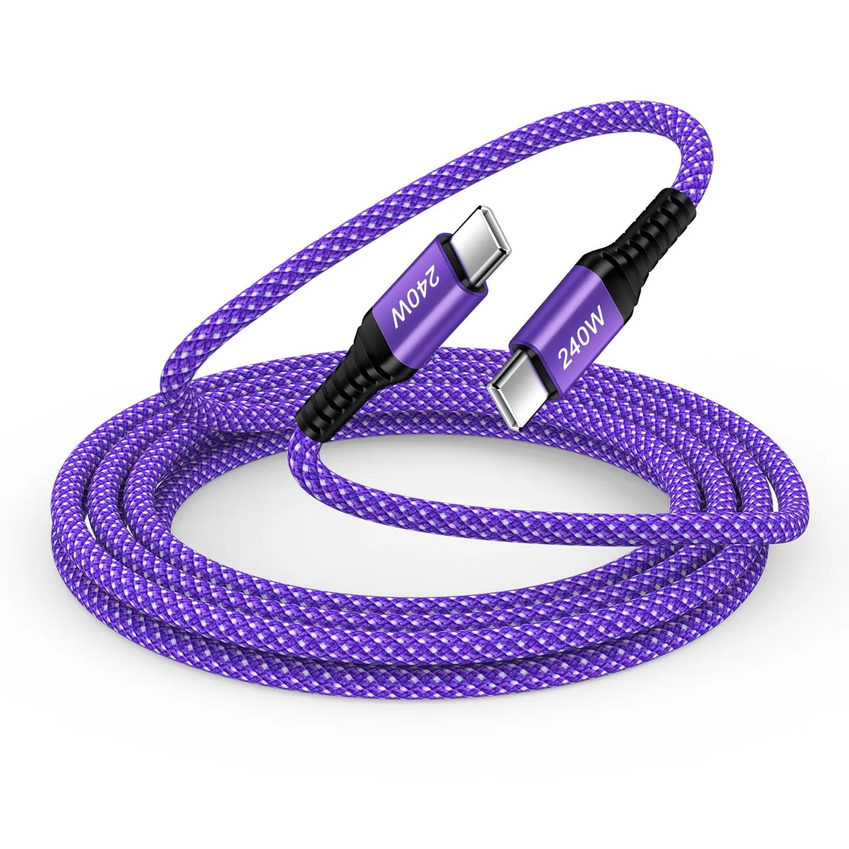 Purple braided USB-C to USB-C cable, ten feet long