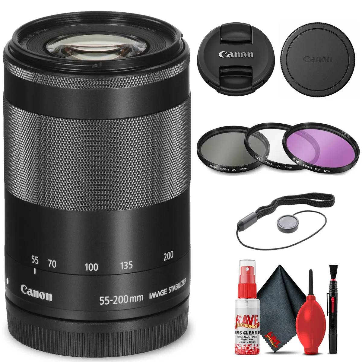 Canon Canon EF-M 55-200mm f/4.5-6.3 IS STM Lens (Black) + Filter Kit Base Bundle — product photo