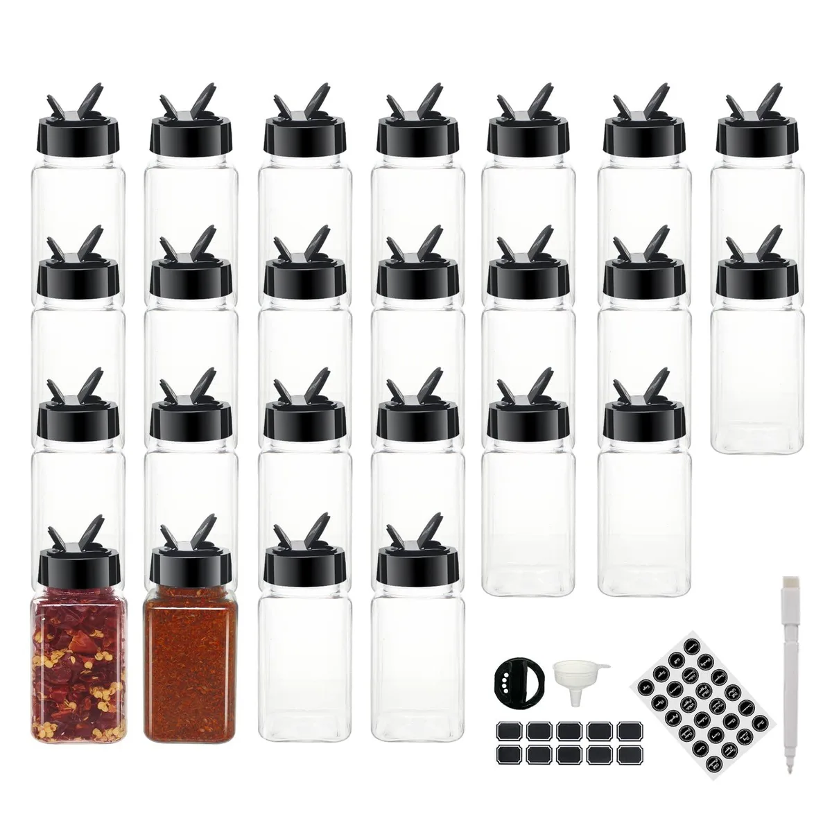 Twenty-four clear square 4oz spice jars with black flip-top lids, red accents, plus labels pen and funnel